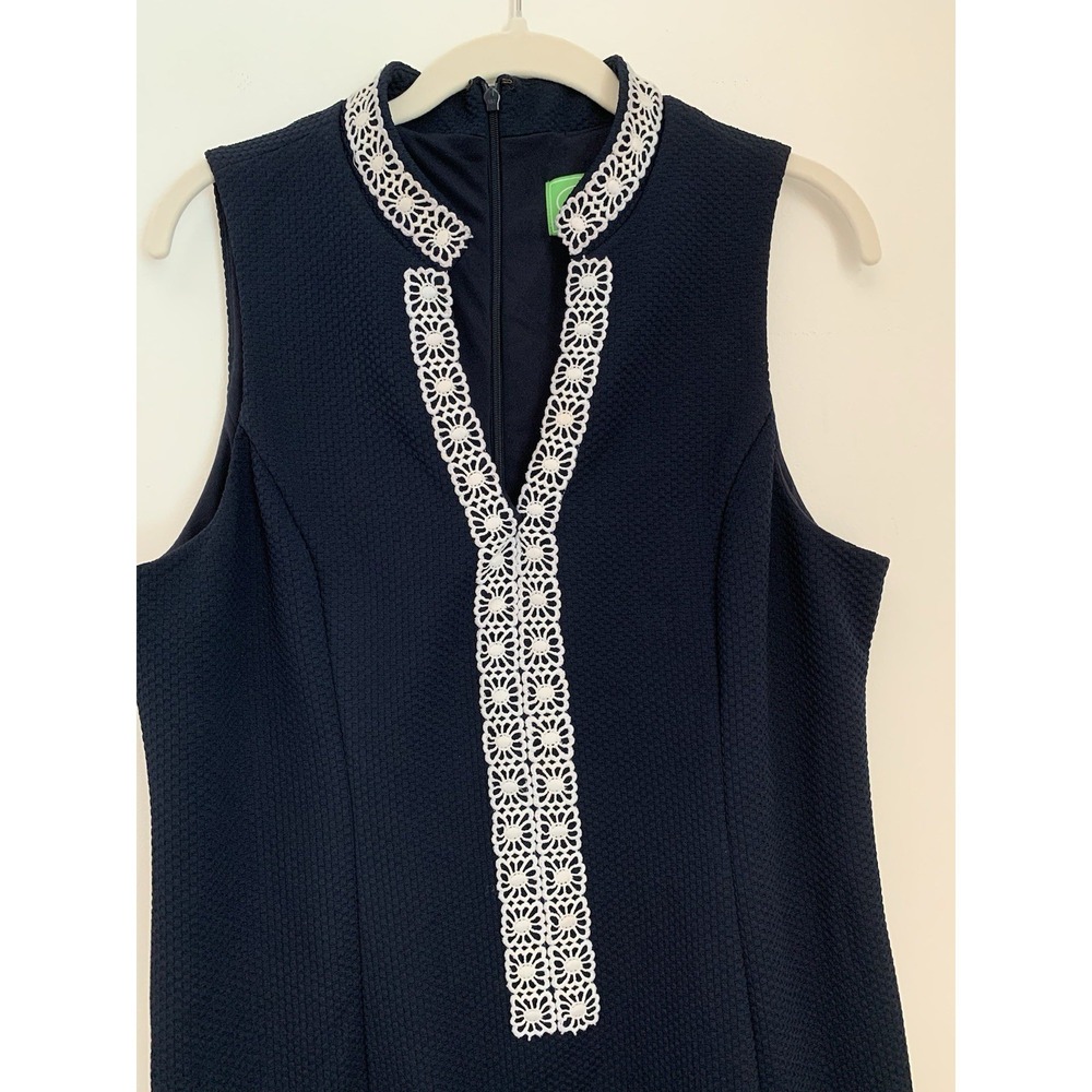 Pappagallo Sheath Dress Sz 10 Navy Blue White Lace Trim Sleeveless Career Preppy - Picture 2 of 10